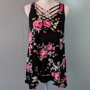 Sleeveless Floral Top with Lattice Neckline